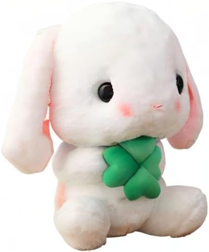 HOUPU Soft Toy - Sitting Lop Eared Rabbit, Easter White Rabbit Stuffed Bunny Animal with Carrot Soft Lovely Realistic Long-Eared Standing Pink Plush Toys (White-Four Leaf,16.9in/43cm)