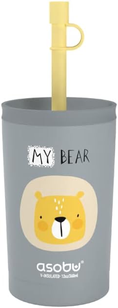 asobu Stainless Steel Kids Tumbler with Flexible Straw Lid | Insulated Water Bottle | Reusable Travel Cup 12 Ounce (Grey)