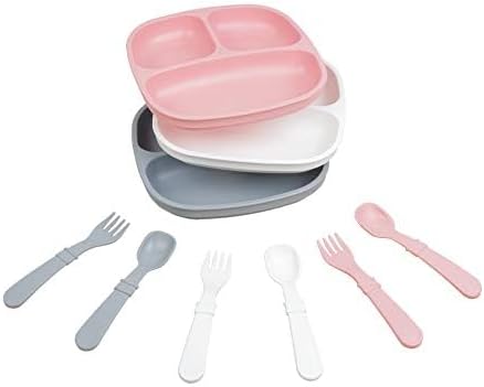 Re-play 3x3 Divided Toddler Plates and Utensils Set - Toddler Forks and Spoons Set - Dishwasher and Microwave Safe - Made in USA - Modern Pink