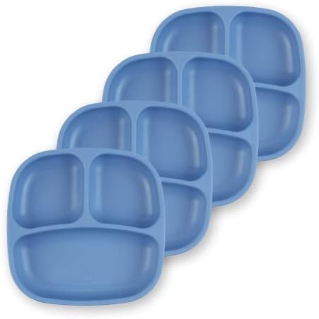 Re-Play Toddler Plates with Dividers - Deep-Walled 3 Compartments Divided Plates for Kids - Dishwasher & Microwave Safe - Made in USA - Set of 4-7.37" x 7.37" x 1.25" - Denim
