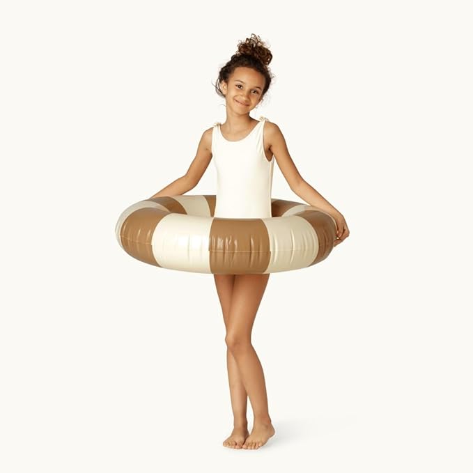 Petites-Pommes Tubes for Kids - Durable Pool Float, Handprinted Classic Striped Design Striped Swim Tube, Soft Comfort Seaming, Packable Floats for Travel, Light Brown, 35 inch