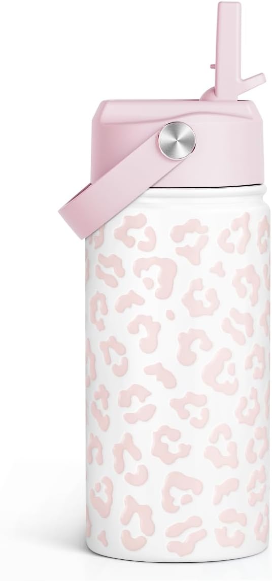 Beige Leopard Print Kids Water Bottle with Straw Lid 12oz Insulated Stainless Steel, Travel Tumbler, Gifts for Girls, Birthday, Christmas, Back to School