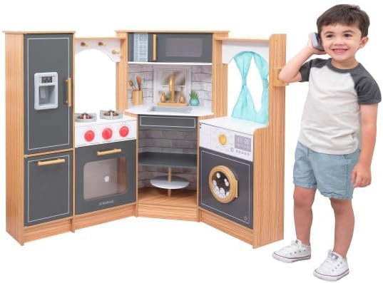 KidKraft Ultimate Corner Wooden Play Kitchen with Lights & Sounds, Play Phone and Curtains, Natural, Gift for Ages 3+