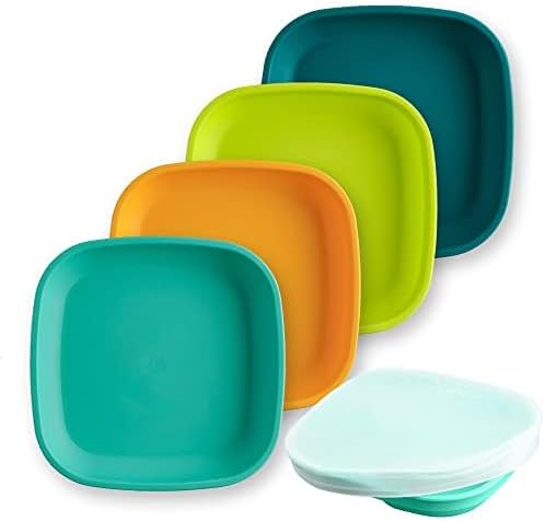 Re-Play Toddler Plates - 22 Oz. Deep-Walled Flat Kids Plates - Dishwasher & Microwave Safe - Made in USA - Set of 4-7.37" x 7.37" x 1.25" - Aqua Asst