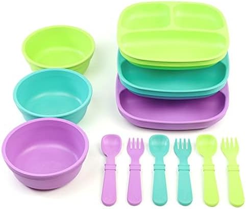 Re-play 3 Divided Toddler Plates, 3 Utensils Set and 3 Wide Base Bowls - Dishwasher and Microwave Safe - Made in USA - Mermaid