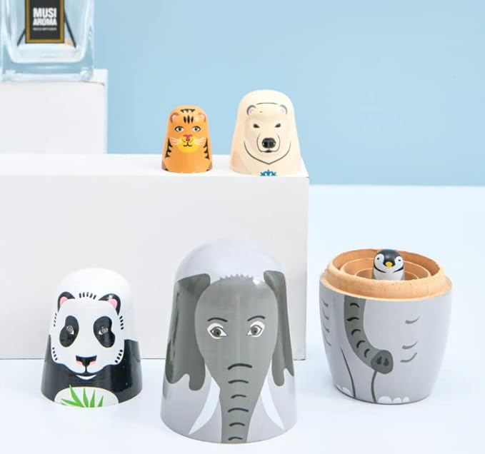 Long-Nosed Elephant Nesting Dolls Wooden Matryoshka Russian Doll Handmade Stacking Toy Set 5 Pieces for Kids