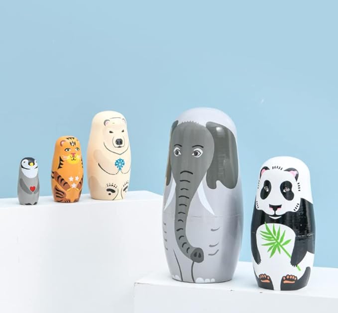 Long-Nosed Elephant Nesting Dolls Wooden Matryoshka Russian Doll Handmade Stacking Toy Set 5 Pieces for Kids
