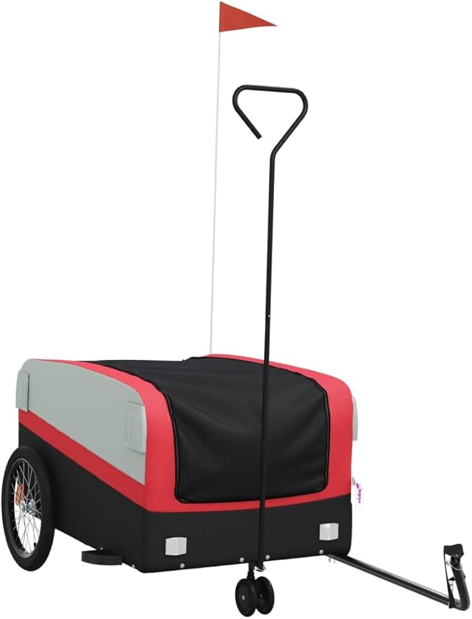 Bike Trailer Bicycle Cargo Trailer, Bike Wagon Trailer, Bike Cart with Safety Flag, Black and Red 99.2 lb Iron, 49.6"x24.8"x20.1"