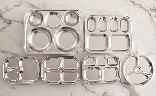 Korean Stainless Steel Divided Plates by KS&E, Little Kids Toddlers Babies Tray, BPA Free, Diet Food Control, Compact Serving Platter, Dinner Snack, 4 Compartment Plate Silver, Set of 2