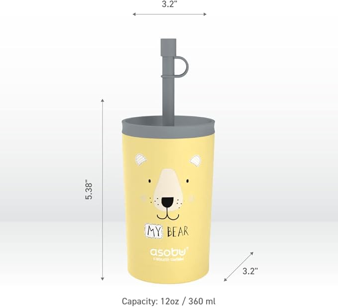 asobu Stainless Steel Kids Tumbler with Flexible Straw Lid | Insulated Water Bottle | Reusable Travel Cup 12 Ounce (Yellow)