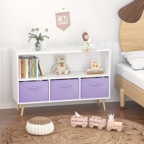 2-Tier Bookcase Bookshelf with Collapsible Fabric Drawers,Cute Book Display Storage Cabinet Organizer for Playroom Livingroom (White+Purple)