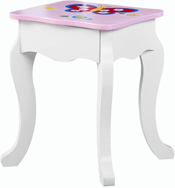 Wooden Vanity Set for Kids with Mirror and Stool, Flower & Butterfly-Themed Makeup Dressing Table and Chair for Girls, with Pull-Out Drawer and Jewelry Boxes
