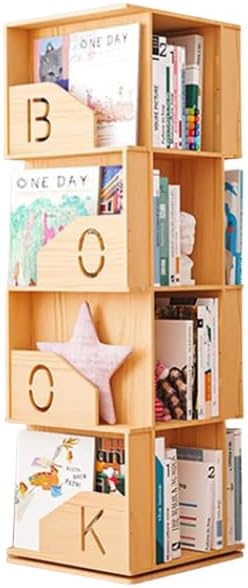 4 Tier Kids Rotating Bookshelf, Premium Pine Wood Space Saving Bookshelf Holds 100+ Books, 360° Spinning, Great for Larger Reads in Kids’ Room, Living Room & Office, Easy to Assemble