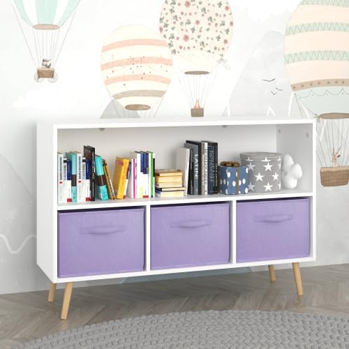 2-Tier Bookcase Bookshelf with Collapsible Fabric Drawers,Cute Book Display Storage Cabinet Organizer for Playroom Livingroom (White+Purple)