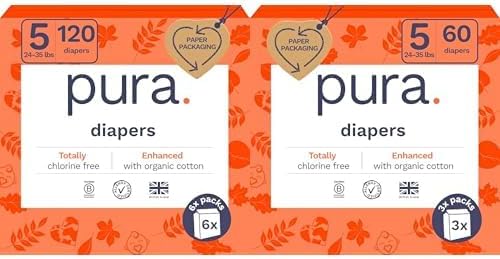 Pura Sensitive Skin Baby Diapers | Size 5 (24-35 lbs) | Bulk, Hypoallergenic, Totally Chlorine Free, Fragrance Free, | 9 Packs of 20 (180 Diapers)