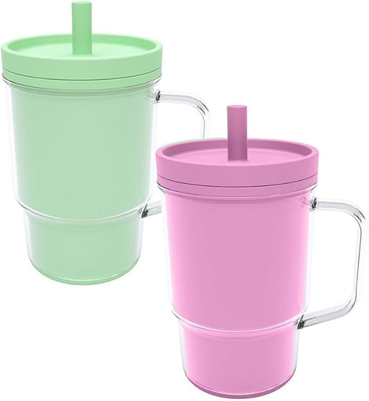 Kids BPA-Free Plastic Tumbler with Spill Resistant Flexible Straw, Easy to Clean, Kids Water Bottle, Great for Travel, Dishwasher Safe, Orange Peach and Watermelon(1 Green &1 Pink)