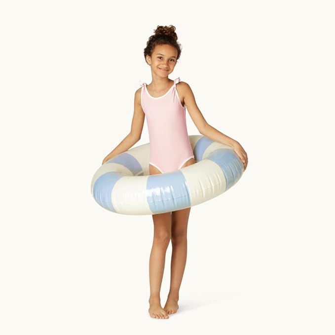 Petites-Pommes Lake Floats for Kids - Durable Inner Tube, Handprinted Classic Striped Design Pool Float Rings, Soft Comfort Seaming, Packable Floats for Travel, Light Blue, 35 inch