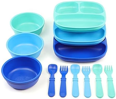 Re-Play 3x3 Divided Toddler Plates and Utensils Set - Toddler Forks and Spoons Set - Dishwasher and Microwave Safe - Made in USA - True Blue