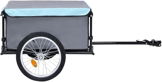 Bike Cargo Trailer with Rain Cover, Bicycle Cargo Trailer Foldable Two-Wheel Bike Luggage Wagon Bicycle Trailer with Removable Cover, Gray and Blue, Maximum Load Capacity: 143.3 lb