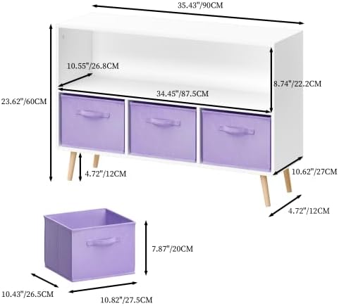 2-Tier Bookcase Bookshelf with Collapsible Fabric Drawers,Cute Book Display Storage Cabinet Organizer for Playroom Livingroom (White+Purple)