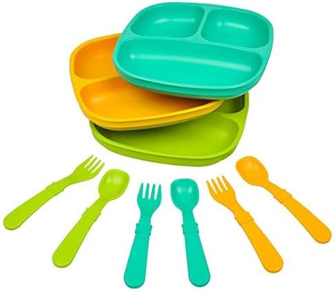 Re-play 3x3 Divided Toddler Plates and Utensils Set - Toddler Forks and Spoons Set - Dishwasher and Microwave Safe - Made in USA - Aqua Asst
