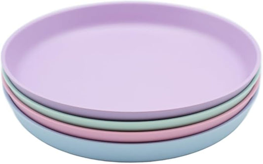 WeeSprout Bamboo Plates, Set of 4, Kid-Sized Dinnerware, Dishwasher Safe Melamine Dishware (Pastel Blue, Mint, Purple & Pink, Without Lids)