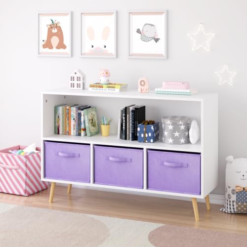 2-Tier Bookcase Bookshelf with Collapsible Fabric Drawers,Cute Book Display Storage Cabinet Organizer for Playroom Livingroom (White+Purple)
