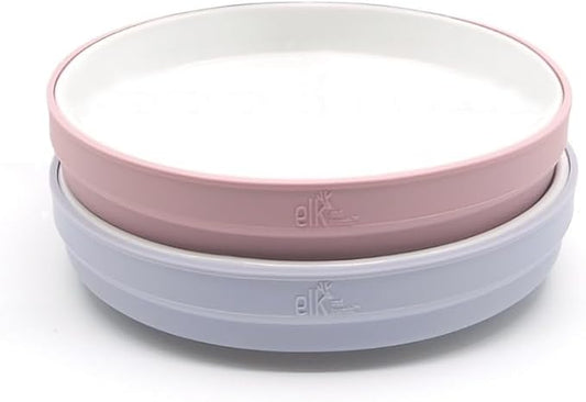 Elk and Friends Kids 7.8” Porcelain White Plates with Silicone Sleeves | Suitable for Babies/Toddlers | Microwave & Dishwasher Safe | Non Slip Dinnerware | Snack Dishes | 2 Pack