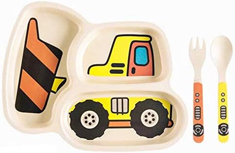 Kids Plates Set, Included Plate Fork and Spoon 9-Piece Set - Toddler Plates Dinnerware Dinner Dish Set Baby Feeding Divided Plate - Child Portion Control Trays (Excavator+Bulldozer+Hook Truck)