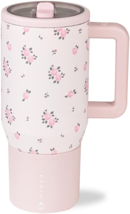 HydroJug Traveler - 20 oz Water Bottle with Handle & Flip Straw - Fits in Cup Holder, Leak Resistant Tumbler-Reusable Insulated Stainless Steel & Rubber Base - Gifts for Women & Men, Wildrose