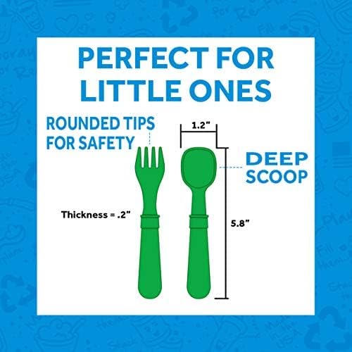 Re-play 3x3 Divided Toddler Plates and Utensils Set - Toddler Forks and Spoons Set - Dishwasher and Microwave Safe - Made in USA - Aqua Asst