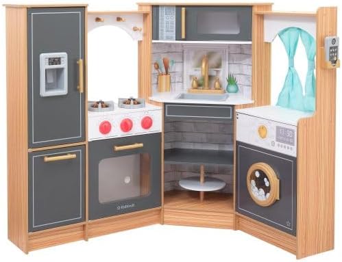 KidKraft Ultimate Corner Wooden Play Kitchen with Lights & Sounds, Play Phone and Curtains, Natural, Gift for Ages 3+