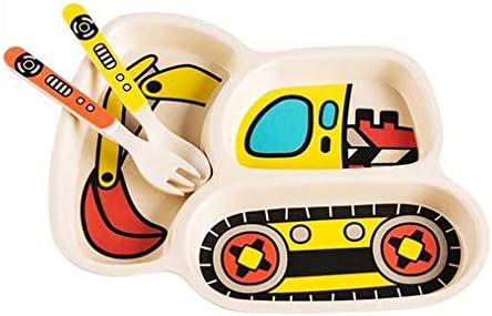 Kids Plates Set, Included Plate Fork and Spoon 9-Piece Set - Toddler Plates Dinnerware Dinner Dish Set Baby Feeding Divided Plate - Child Portion Control Trays (Excavator+Bulldozer+Hook Truck)