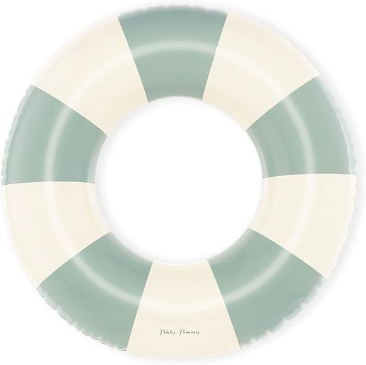 Petites-Pommes Striped Pool Float for Kids & Toddlers - Durable Inner Tube, Handprinted Classic Striped Design Inflatable Donut, Soft Comfort Seaming, Packable Floats for Travel, Dusty Green, 24 inch