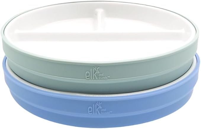 Elk and Friends Kids 7.8” Porcelain White Plates with Silicone Sleeves | Divided Plates | Suitable for Kids/Toddlers | Microwave & Dishwasher Safe | Non Slip | Snack Dishes…