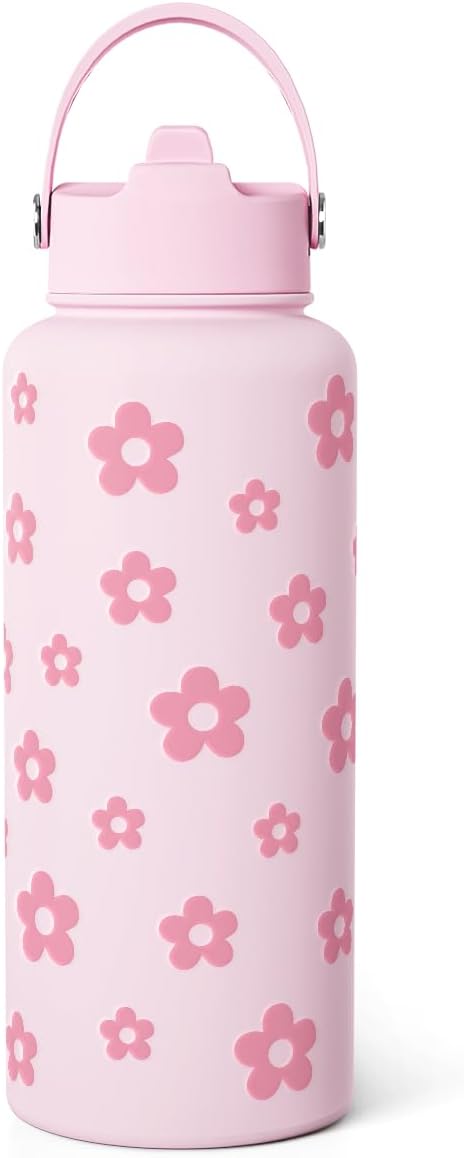 Floral Water Bottle Stainless Steel 32oz with Lid & Straw, Daisy Insulated Bottles Gifts for Women Girls Friends Teens Birthday Christmas