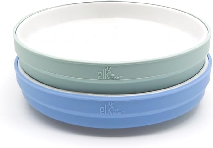 Elk and Friends Kids 7.8” Porcelain White Plates with Silicone Sleeves | Suitable for Babies/Toddlers | Microwave & Dishwasher Safe | Non Slip Dinnerware | Snack Dishes | 2 Pack