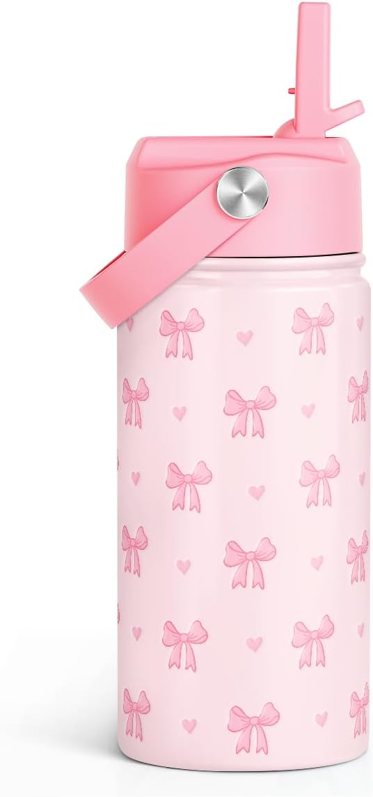 Bow Kids Water Bottle With Straw Lid 12oz Insulated Stainless Steel, Travel Tumbler, Pink Bow Gifts For Girls, Birthday, Christmas, Back To School