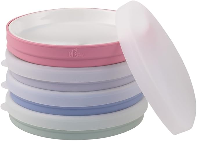 Elk and Friends Kids 7.8” Porcelain White Plates with Silicone Sleeves + Lids | Suitable for Babies/Toddlers | Microwave & Dishwasher Safe | Non Slip Dinnerware | Snack Dishes | 4 Pack