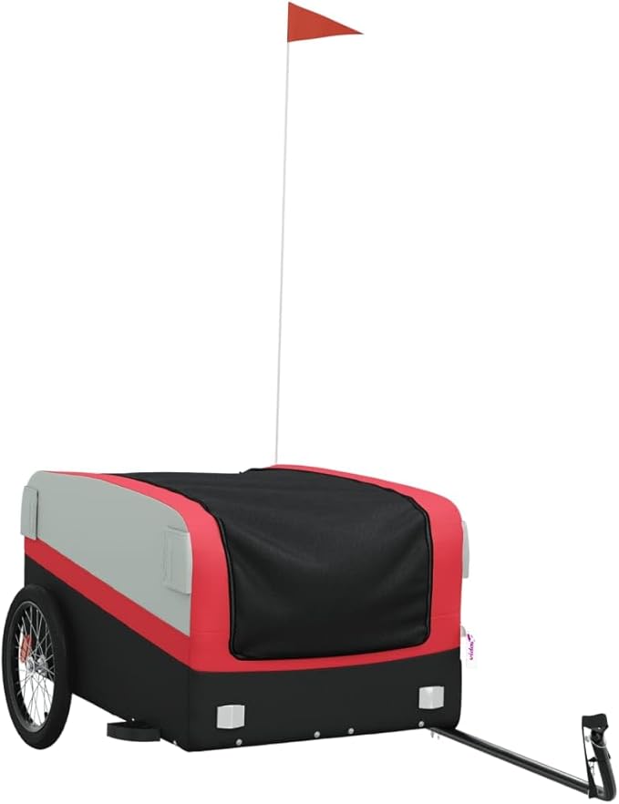 Bike Trailer Bicycle Cargo Trailer, Bike Wagon Trailer, Bike Cart with Safety Flag, Black and Red 99.2 lb Iron, 53.9"x27.2"x23.2"