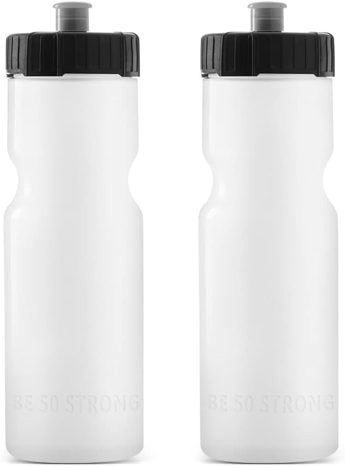 Bike Water Bottle Holder & Bottle Combo – 2-Pack 22 oz Sports Squeeze Bottles with Pull Top Cap & Easy-Install Bike Cage – Made in USA – 50 Strong Brand