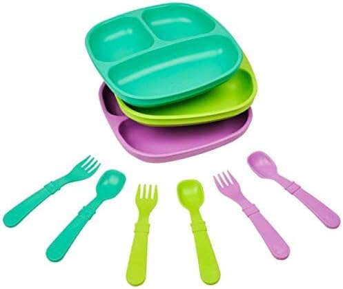 Re-Play 3x3 Divided Toddler Plates and Utensils Set - Toddler Forks and Spoons Set - Dishwasher and Microwave Safe - Made in USA - Mermaid