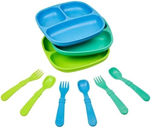 Re-play 3x3 Divided Toddler Plates and Utensils Set - Toddler Forks and Spoons Set - Dishwasher and Microwave Safe - Made in USA - Under the Sea