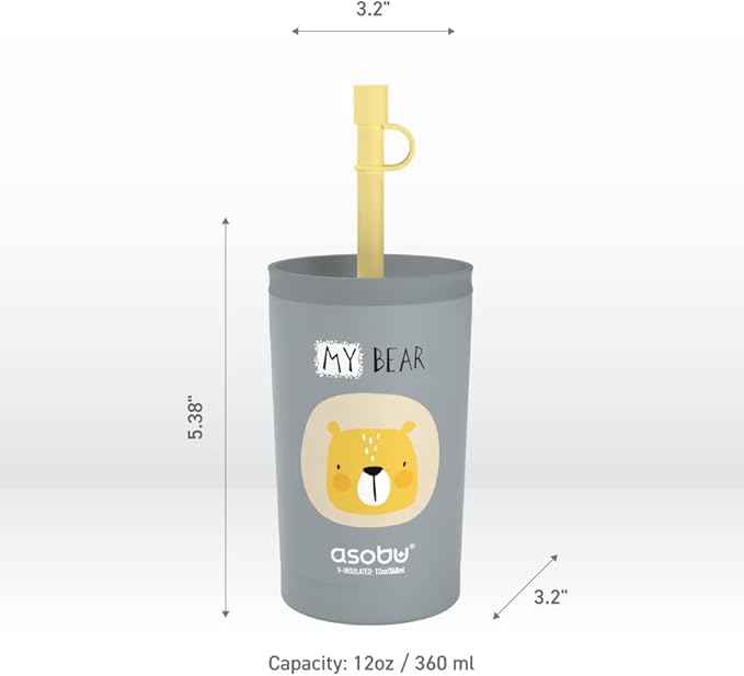 asobu Stainless Steel Kids Tumbler with Flexible Straw Lid | Insulated Water Bottle | Reusable Travel Cup 12 Ounce (Grey)