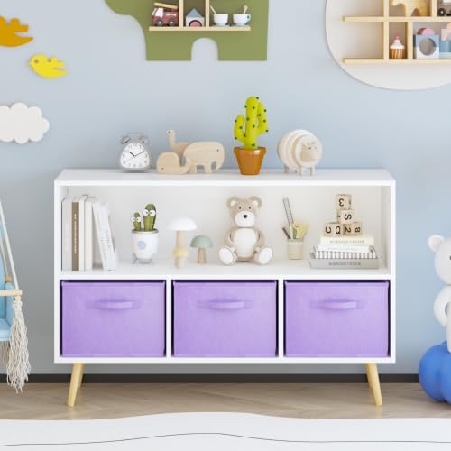 2-Tier Bookcase Bookshelf with Collapsible Fabric Drawers,Cute Book Display Storage Cabinet Organizer for Playroom Livingroom (White+Purple)