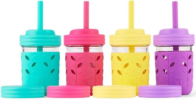 Elk and Friends Kids & Toddler Cups | The Original Glass Mason jars 8 oz with Silicone Sleeves & Silicone Straws with Stoppers | Smoothie Cups | Spill Proof Sippy Cups for Toddlers | 4 Pack