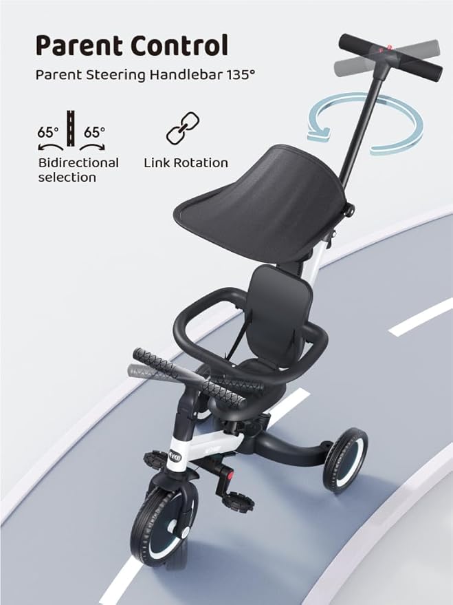 newyoo Tricycle for Toddlers 1-3, Toddler Bike, Toddler Tricycle with Push Handle and Canopy, Birthday Gift and Toys for Girl and Boy, 6 in 1 Baby Trike, Balance Bike, TR009, White