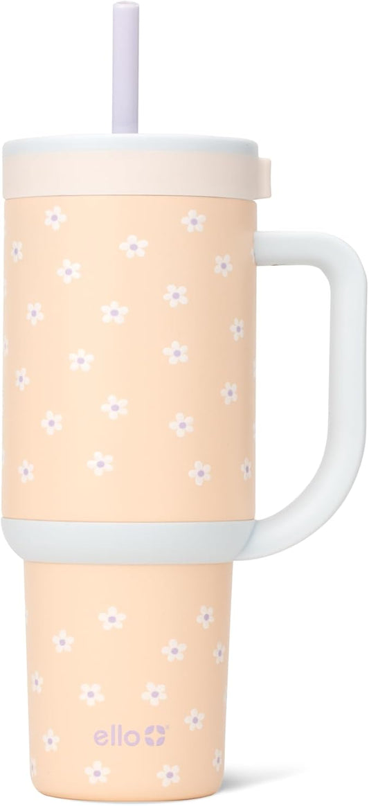 Ello Oasis 30 oz Tumbler with Handle & Retracting Straw | Reusable Insulated Stainless Steel Cup 100% Leakproof, Gifts for Teens Women Men | Keeps cold for 24 Hours, Cup Holder Friendly, Daisies