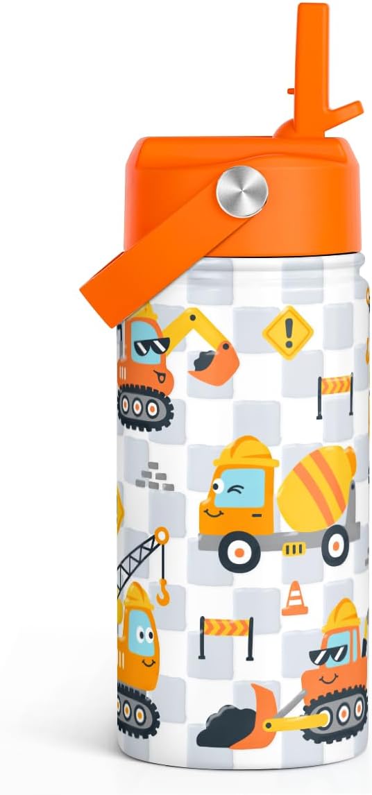 Construction Kids Water Bottle With Straw Lid 12oz Insulated Stainless Steel, Truck Travel Tumbler, Gifts For Boys, Birthday, Christmas, Back To School