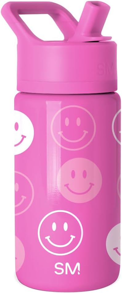 Simple Modern Kids Summit Water Bottle with Straw Lid | 14oz Stainless Steel Cup Insulated Tumbler for Toddlers, School | Pink Happy Faces